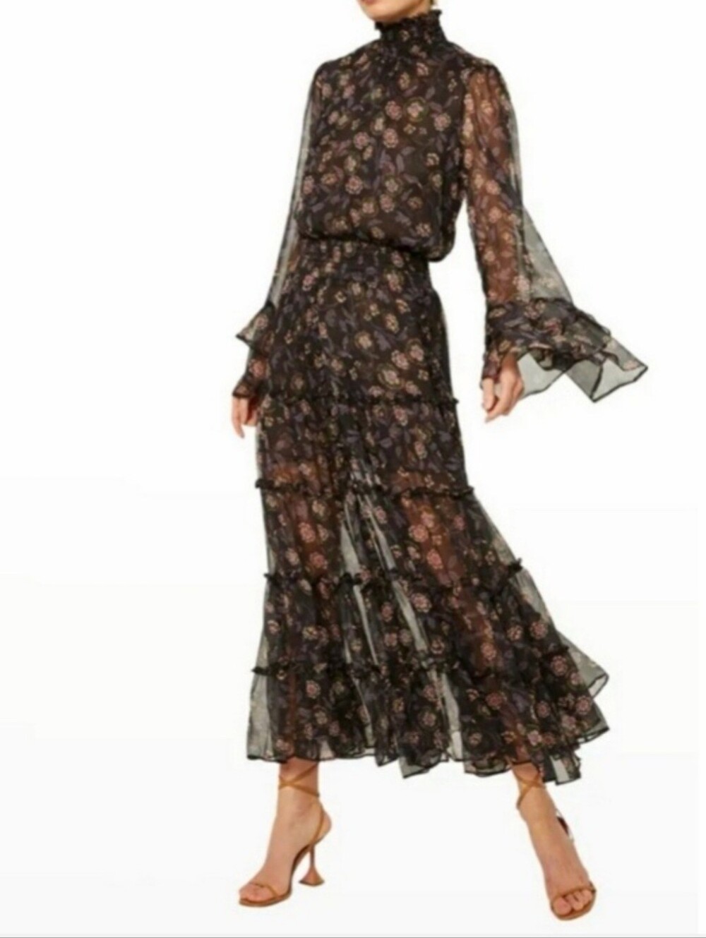 MISA Los Angeles Gordana Black Floral Sheer Whimsygoth Smocked Mock Maxi Dress S